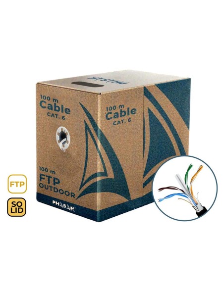 Bobina de cable de red exterior cca sólido en caja ftp cat  6 100 metros