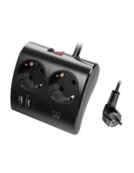 Regleta ewent 2 tomas shucko 2 puertos usb tipo a 1 puerto usb tipo c interruptor negro
