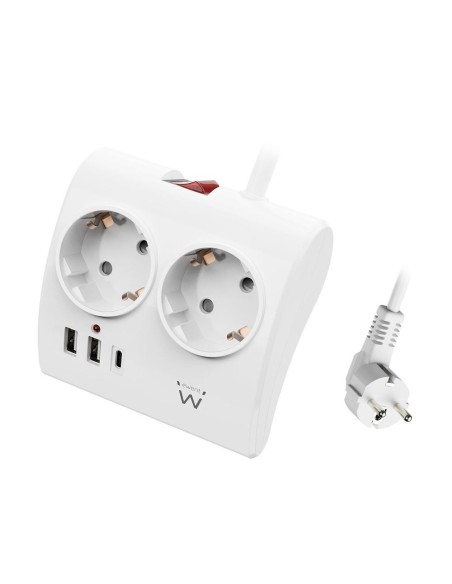 Regleta ewent 2 tomas shucko 2 puertos usb tipo a 1 puerto usb tipo c interruptor blanco