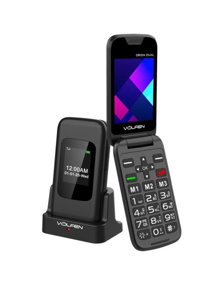 Telefono movil volfen orion dual max tipo concha negro base de carga
