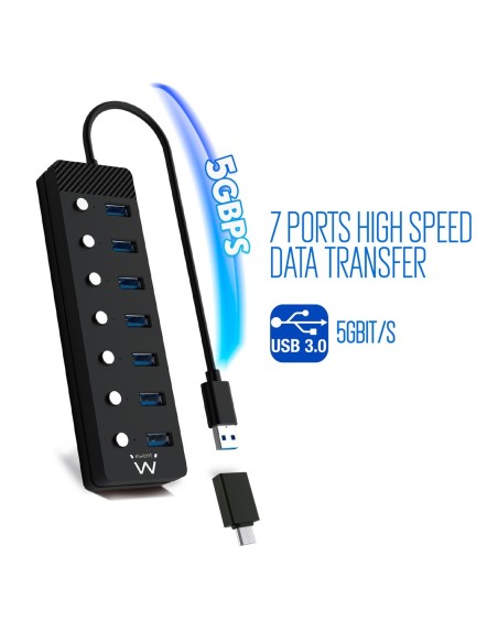 Hub ewent 7 puertos usb 3 0  interruptor  usb tipo a  adaptador usb tipo c