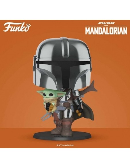 Funko pop star wars the mandalorian el mandaloriano xl version armadura cromatica con yoda en brazos