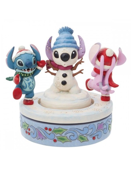 Figura decorativa enesco disney stitch y angel con muñeco de nieve rotativo
